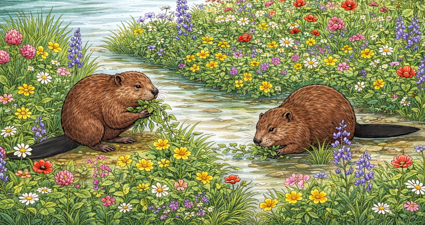 Een tekening van 2 bevers bij het water