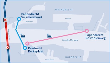 Kaartje met de verbindingen van de extra fietsponten vanaf de Visschersbuurt en vanaf de Rosmolenweg in Papendrecht naar de Kerkeplaat in Dordrecht 