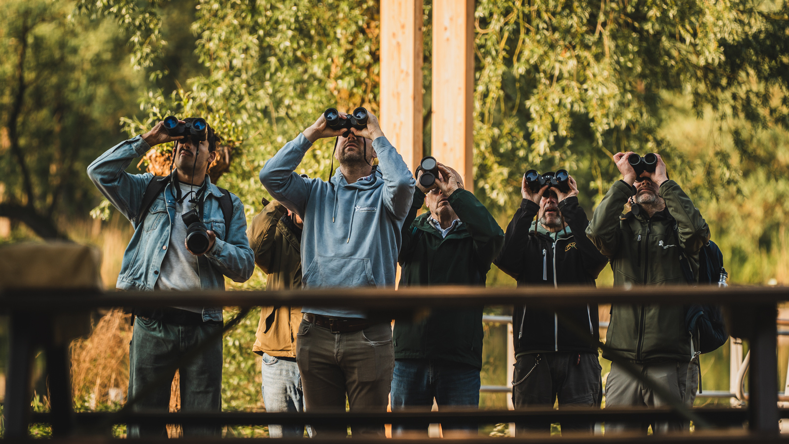 Bezoekers in de Biesbosch turen door een verrekijker