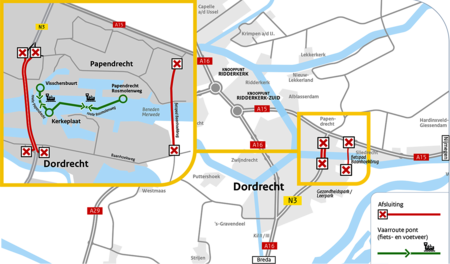 Kaart met de 2 routes van de tijdelijke fietspont